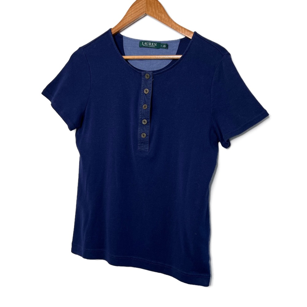 Lauren Ralph Lauren Womens Navy Blue Short Sleeve Henley Casual T Shirt Top L - Picture 4 of 16